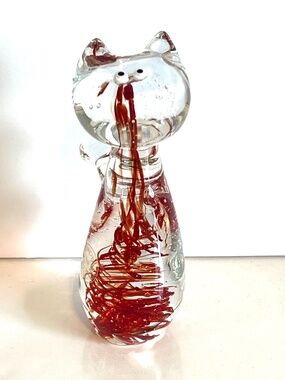 Cat Paperweight- Murano Style Art Blown Glass Red & White Made In Canada 4 Inch